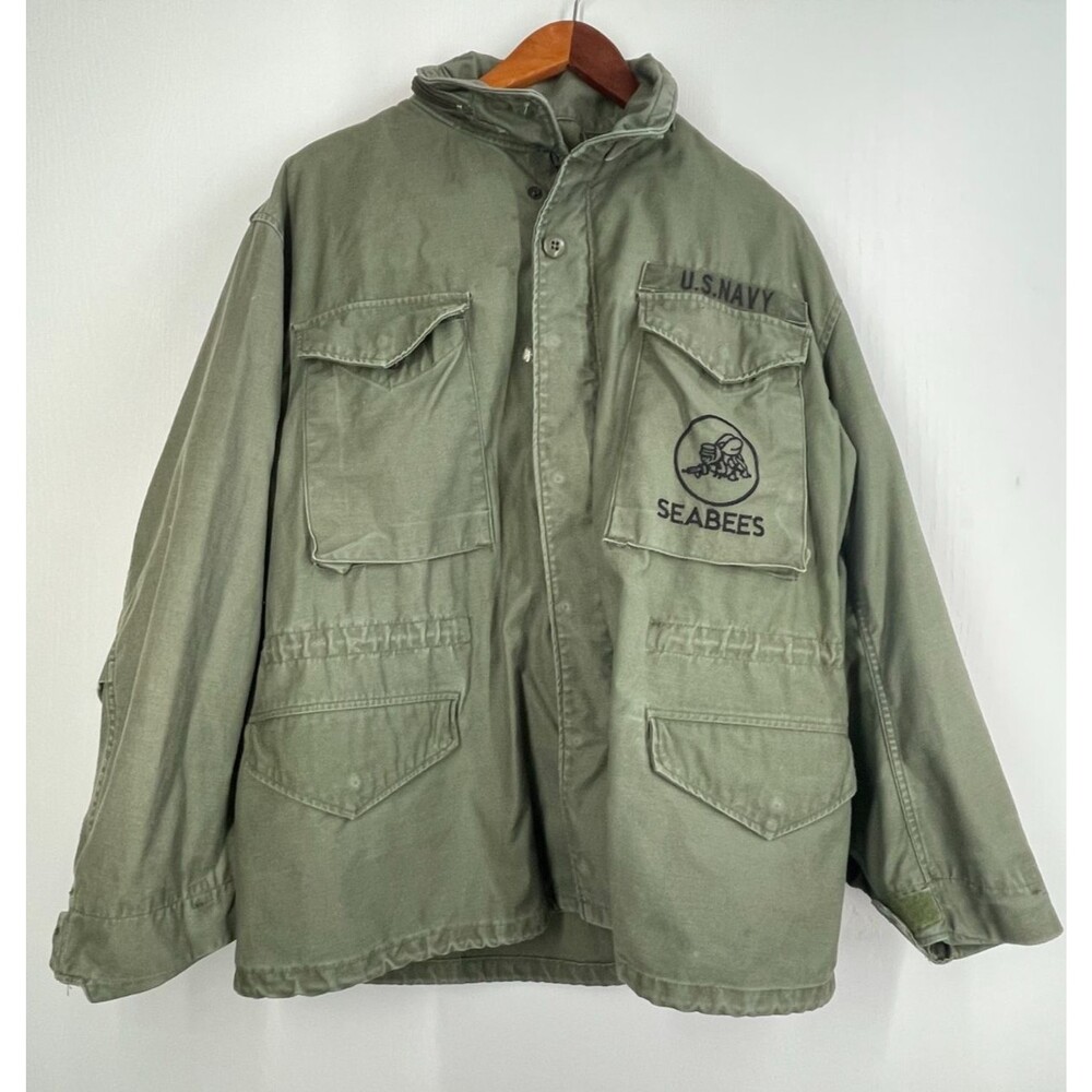 VTG US Navy Seabees OG 107 Green Zip Military Jacket Men's Medium Short
